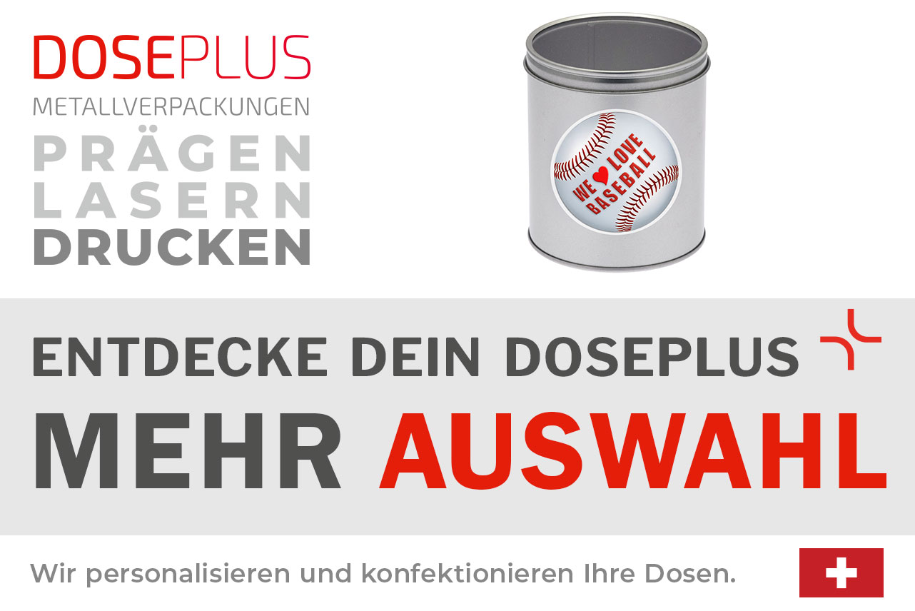 Doseplus runde Metalldose – Bannertext: Entdecke dein Doseplus, mehr Auswahl. Hochwertige Vorratsdose mit individuellem Aufkleberdesign für vielseitige Verpackungslösungen.