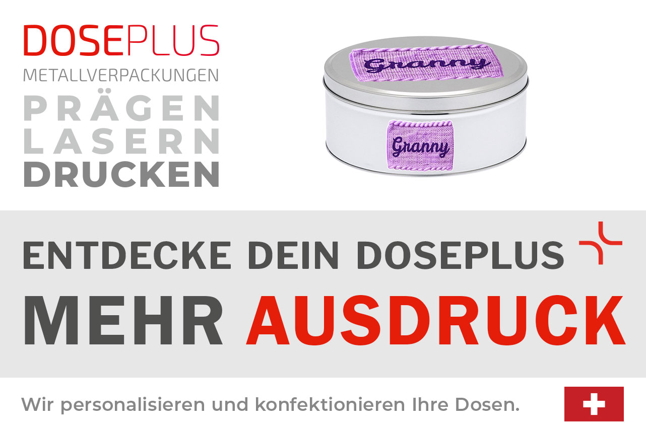 Doseplus runde Weißblechdose DSR-055 – Bannertext: Entdecke dein Doseplus, mehr Ausdruck. Runde Metallverpackung ideal für personalisierte Werbeideen mit hochwertigem Druck.