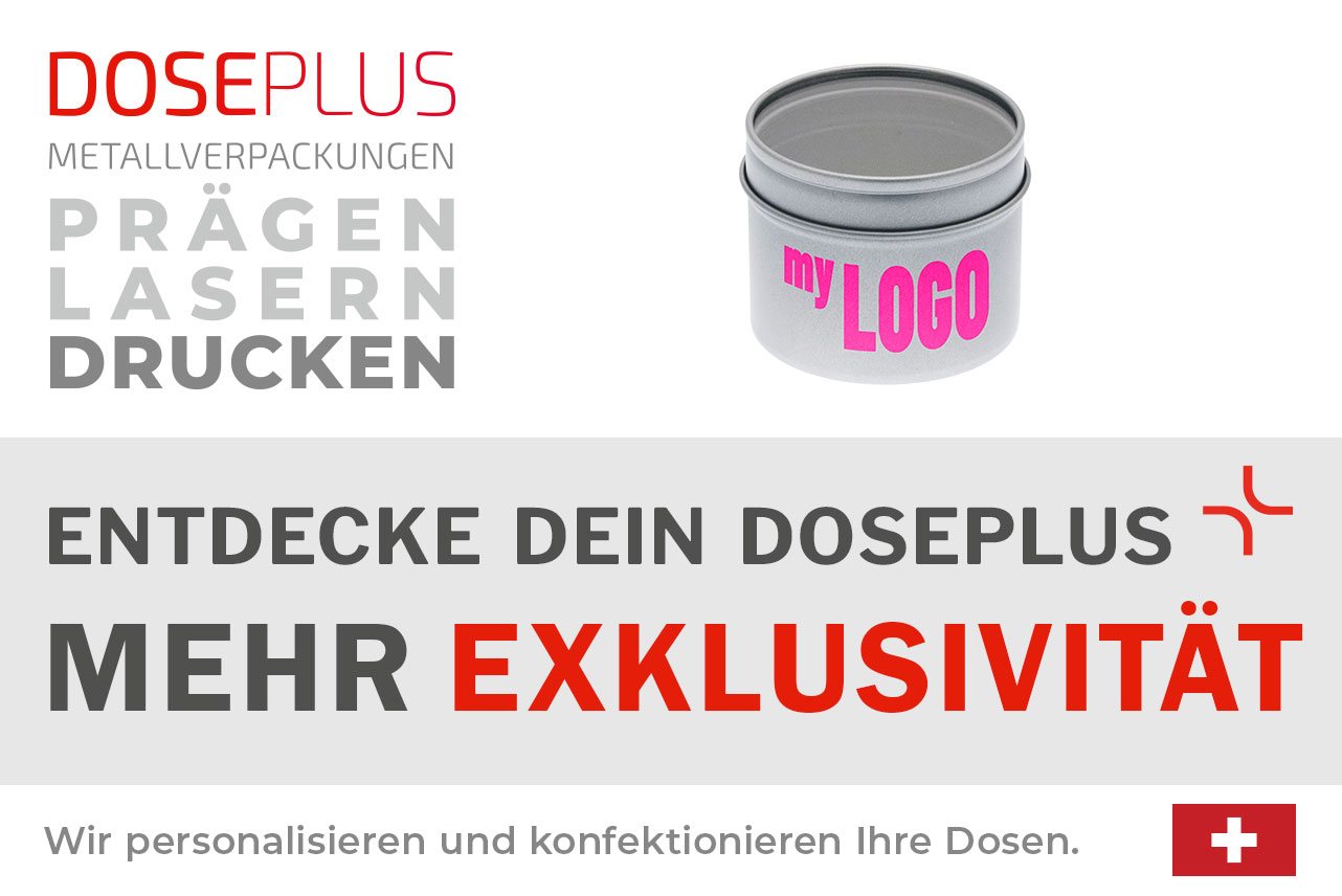 Doseplus runde Gewürzdose aus Metall mit Sichtfenster – Bannertext: Entdecke dein Doseplus, mehr Exklusivität. Hochwertige Metalldose mit Gravur oder Druck für edle Produktverpackungen.
