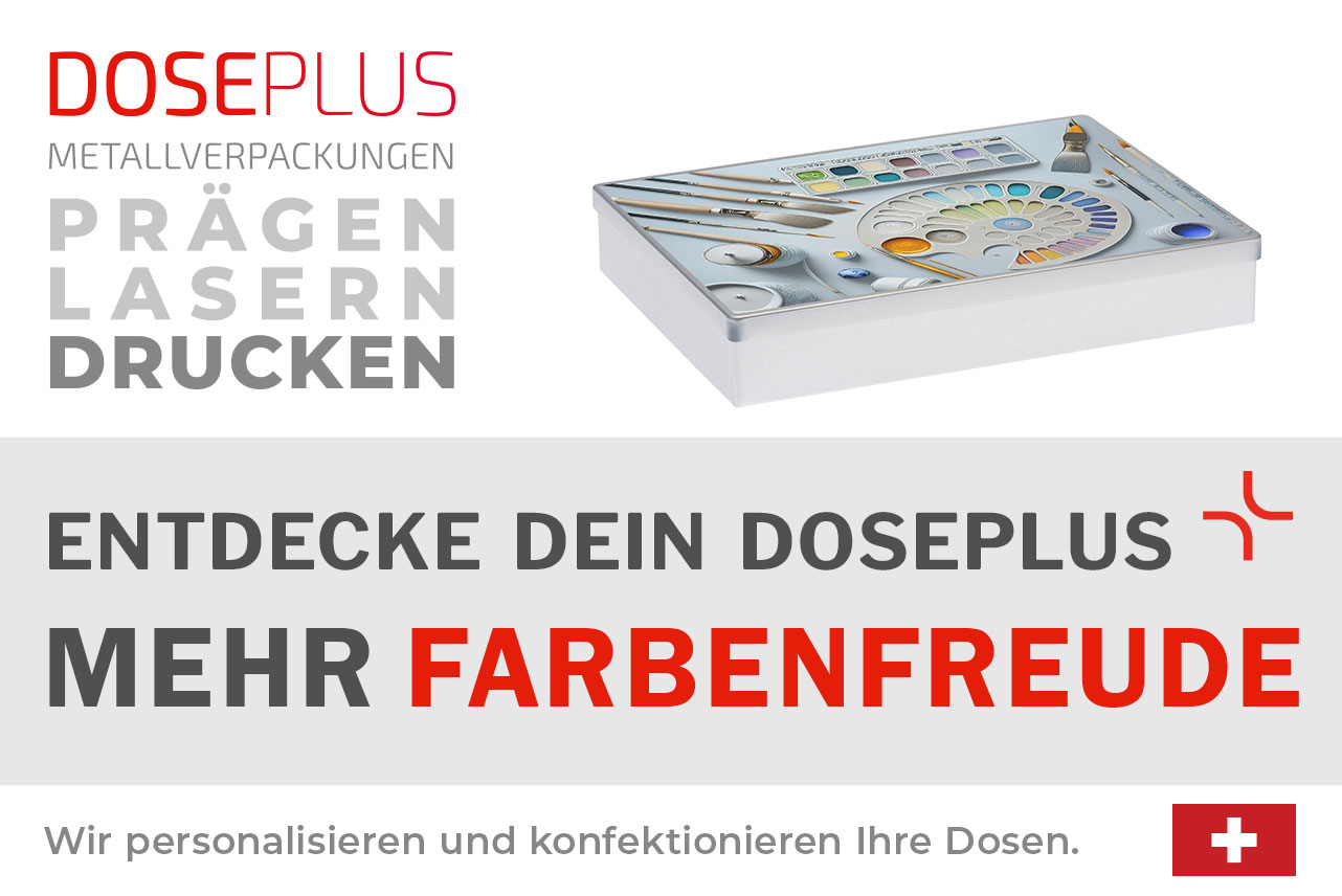 Doseplus silberne rechteckige Metalldose mit farbenfrohem Druckmotiv aus Pinseln, Farbpalette und Aquarellfarben. Text: „Metallverpackungen prägen, lasern, drucken – Entdecke dein Doseplus, mehr Farbenfreude“.