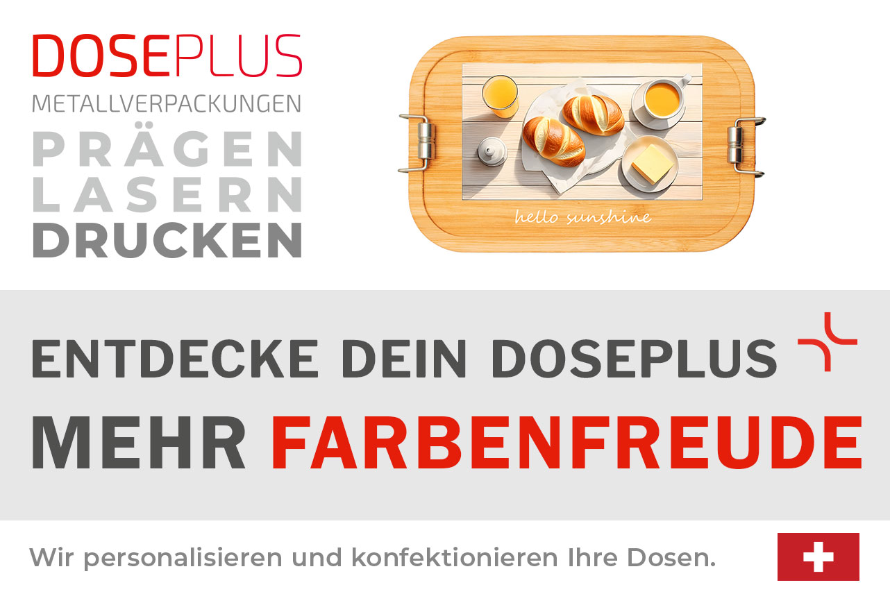 Edelstahl-Lunchbox CP BA C1 mit Bambusdeckel – Banner: Entdecke dein Doseplus – Mehr Farbenfreude. Robuste Lunchbox mit farbenfroher Optik, ideal für Branding & Gravur.