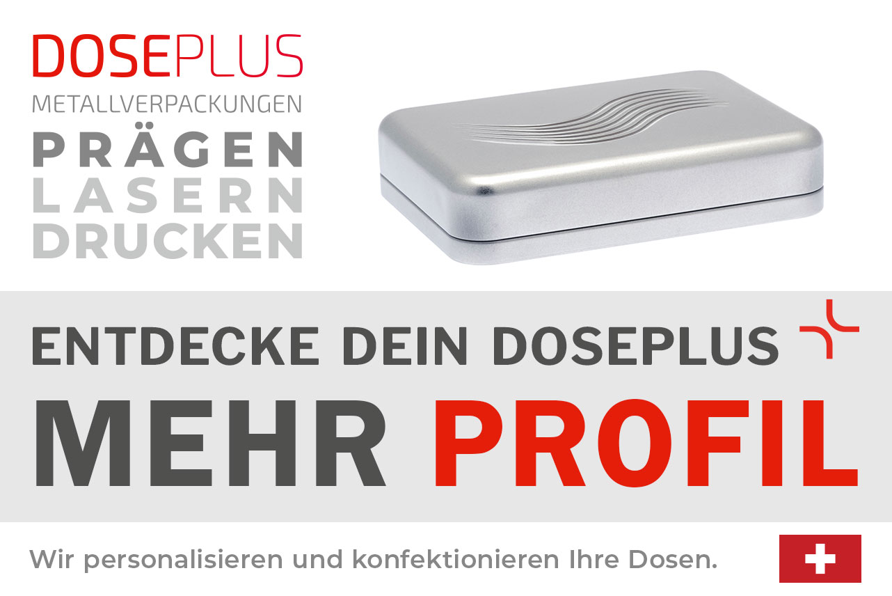 Doseplus silberne rechteckige Metalldose mit geprägtem Wellenmuster auf dem Deckel. Text: „Metallverpackungen prägen, lasern, drucken – Entdecke dein Doseplus, mehr Profil“.
