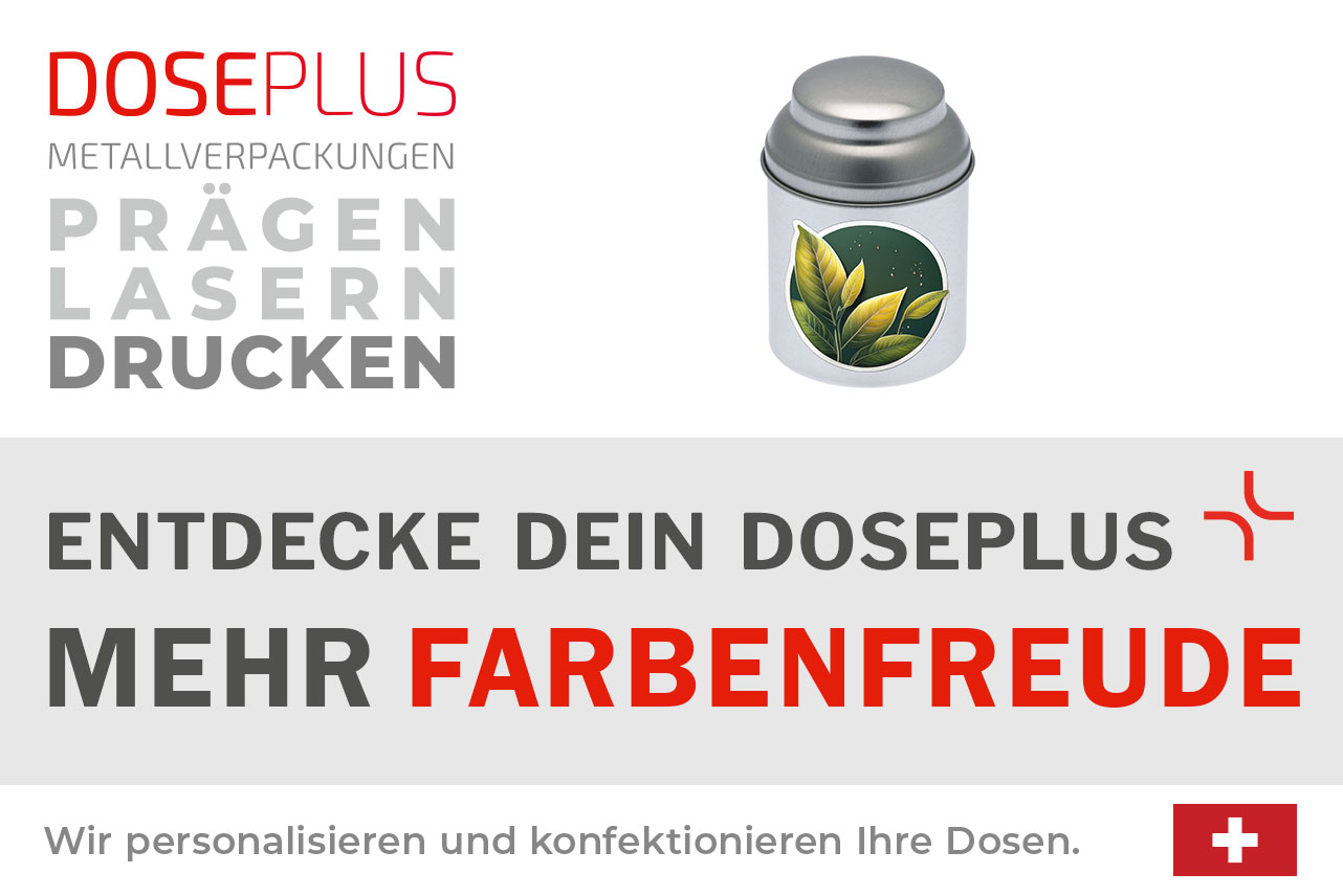 Runde Teedose Doseplus DSR 65.95 – Banner: Entdecke dein Doseplus, mehr Farbenfreude. Praktische Metalldose zur Aufbewahrung von Tee oder Gewürzen.