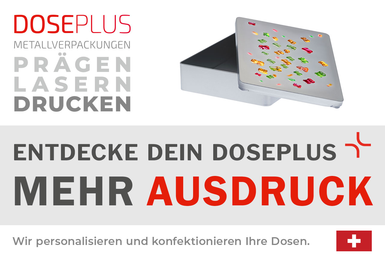 Doseplus eckige Geschenkdose – Bannertext: Entdecke dein Doseplus, mehr Ausdruck. Hochwertige Metalldose mit individuellem Druck für kreative Produkt- und Geschenkverpackungen.