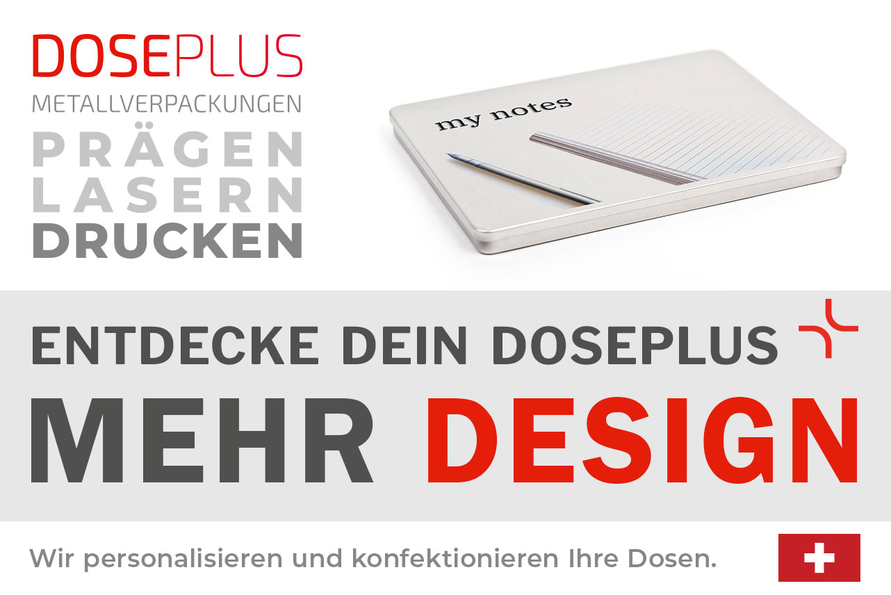 Doseplus silberne DIN-A5-Metalldose mit modernem Aufdruck eines Notizblocks, Kugelschreibers und Schriftzug „my notes“. Text: „Metallverpackungen prägen, lasern, drucken – Entdecke dein Doseplus, mehr Design“.