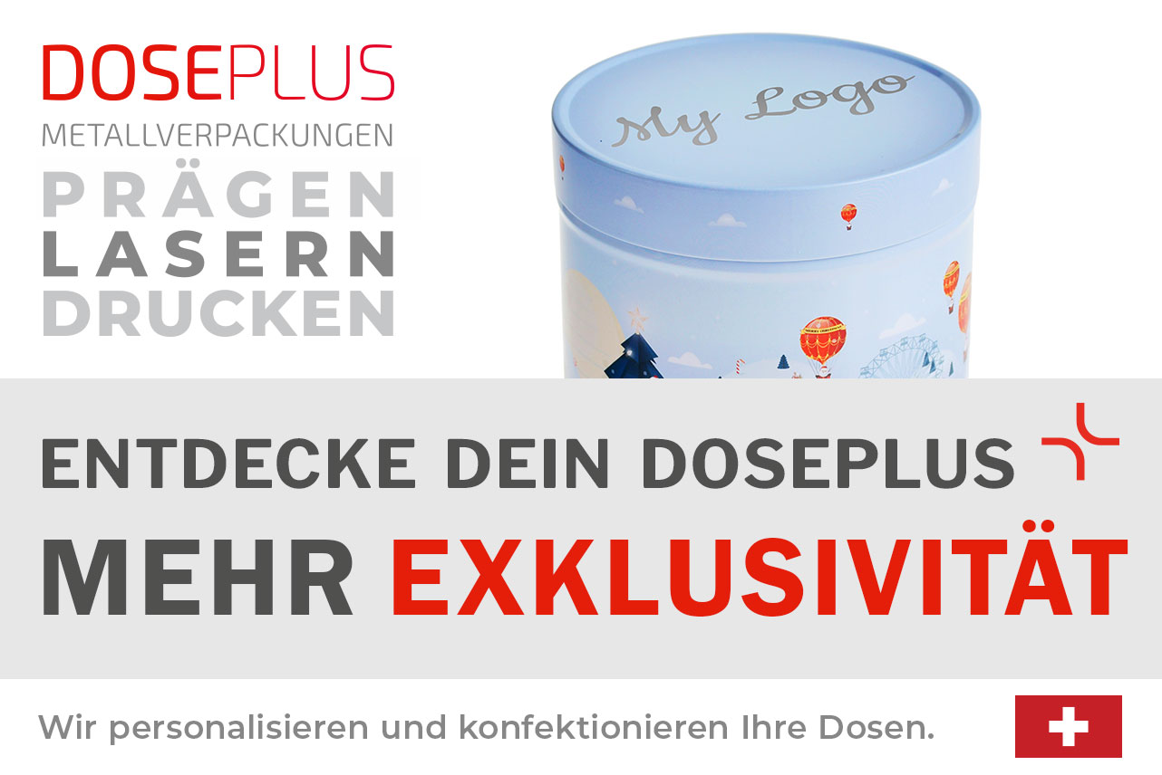 Weihnachtliche Runddose WD 026. Auf dem grau hinterlegten Banner ist der Text „ENTDECKE DEIN DOSEPLUS – MEHR EXKLUSIVITÄT“ zu sehen. Oberhalb im weißen Bereich: „PRINT • LASERN • PRÄGEN“. Darstellung der hochwertigen Veredelung für Metalldosen.