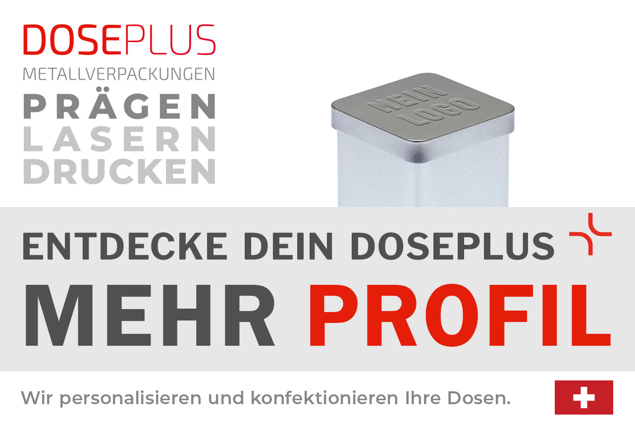 Doseplus quadratische silberne Metalldose mit geprägtem Schriftzug „Mein Logo“ auf dem Deckel. Text: „Metallverpackungen prägen, lasern, drucken – Entdecke dein Doseplus, mehr Profil“.