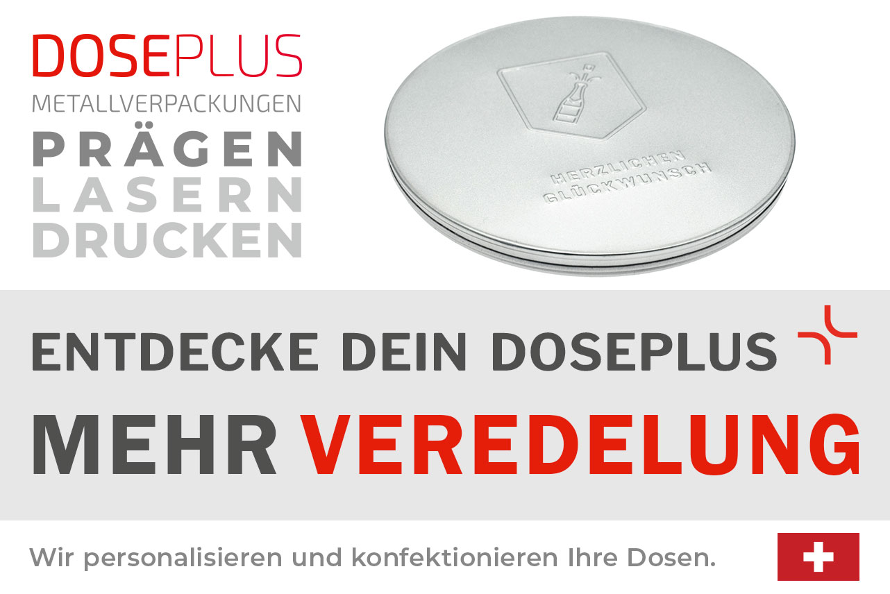Doseplus runde silberne Metalldose mit geprägtem Motiv einer Sektflasche und Schriftzug „Herzlichen Glückwunsch“. Text: „Metallverpackungen prägen, lasern, drucken – Entdecke dein Doseplus, mehr Veredelung“.