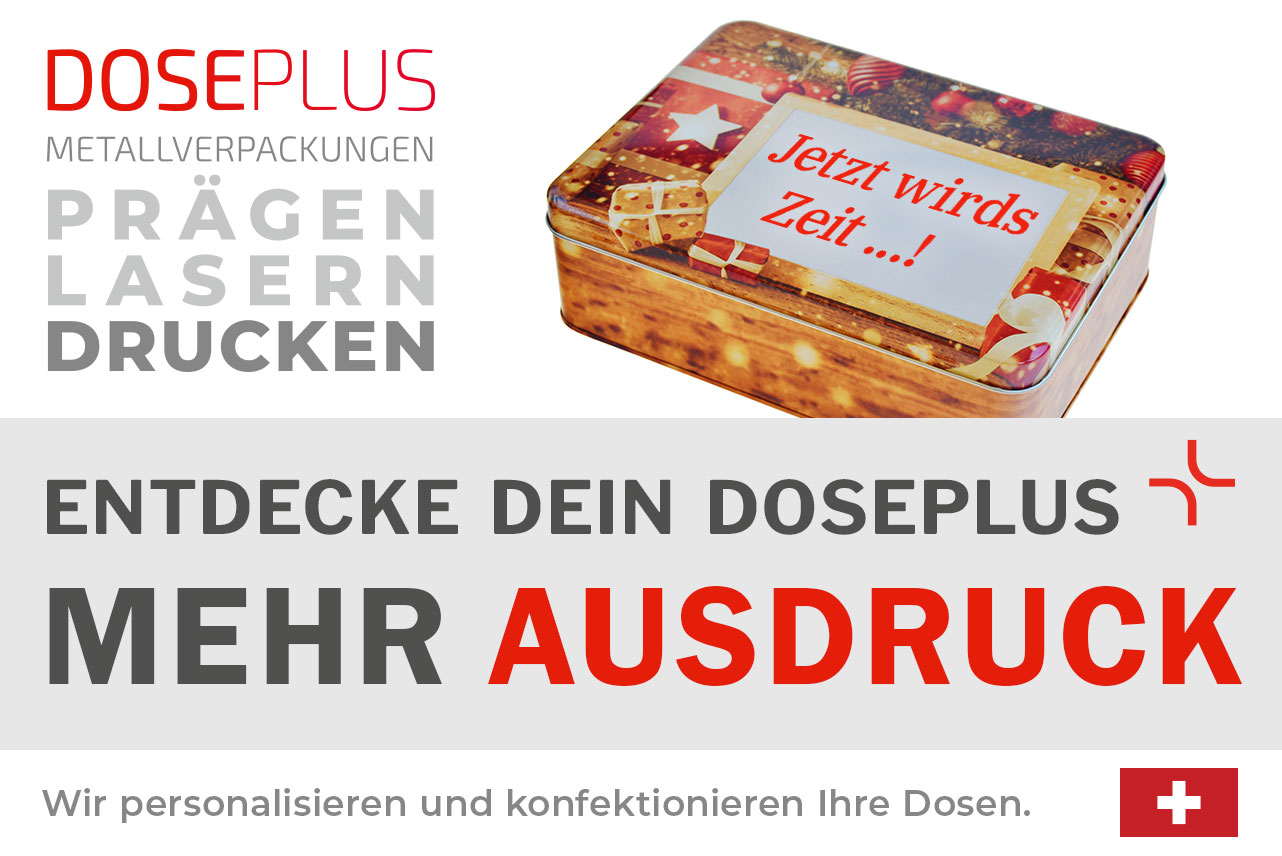 Doseplus Metalldose mit Weihnachtsmotiv – goldene Geschenke, Schleifen und Kugeln, Aufdruck „Jetzt wird’s Zeit ...!“. Text: „Metallverpackungen prägen, lasern, drucken – Entdecke dein Doseplus, mehr Ausdruck“.