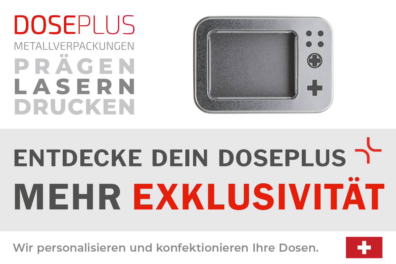 Doseplus kleine Blechdose mit Sichtfenster – Bannertext: Entdecke dein Doseplus, mehr Exklusivität. Hochwertige Metalldose mit Gravur, Prägung und Druck für individuelle Markenverpackungen.