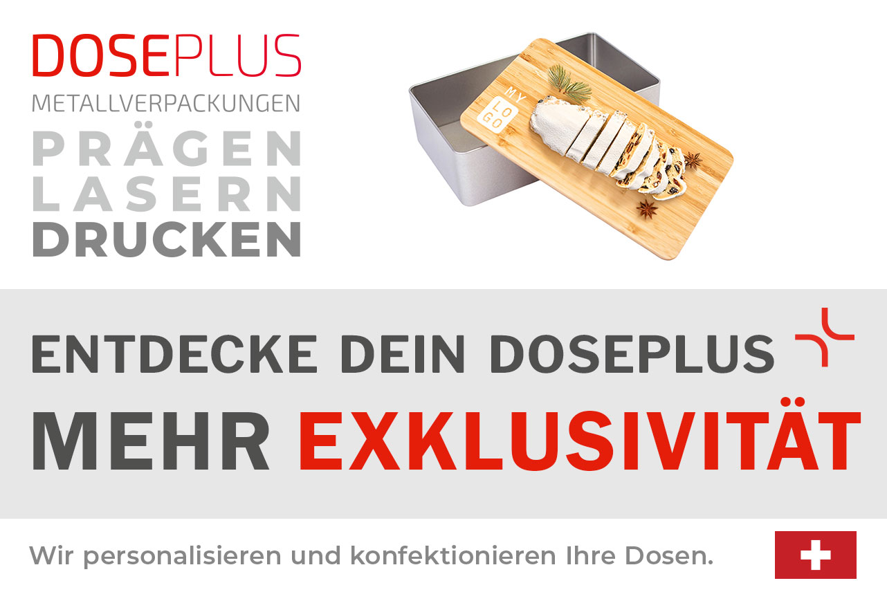 Rechteckige Stollendose DSE 031 von Doseplus mit Bambusdeckel – Banner: Entdecke dein Doseplus, mehr Exklusivität. Premium Vorratsdose aus Metall und Bambus.