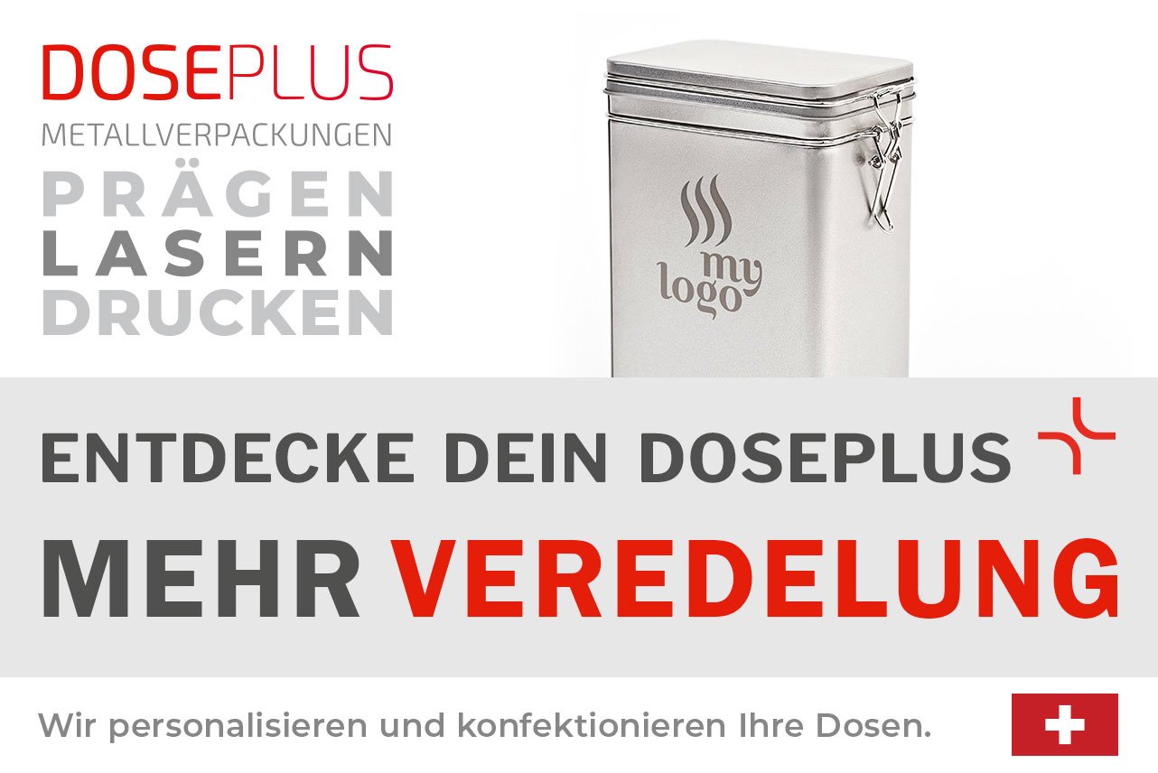 Metall-Kaffeedose DSA 021 für 500g Kaffee – Banner: Entdecke dein Doseplus – Mehr Veredelung. Robuste Verpackung zur hochwertigen Individualisierung und B2B-Veredelung.