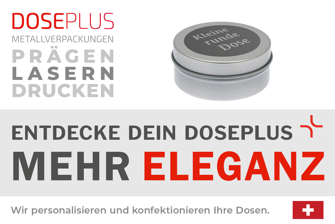 Doseplus kleine runde silberne Metalldose mit Lasergravur „Kleine runde Dose“ auf dem Deckel. Text: „Metallverpackungen prägen, lasern, drucken – Entdecke dein Doseplus, mehr Eleganz“.