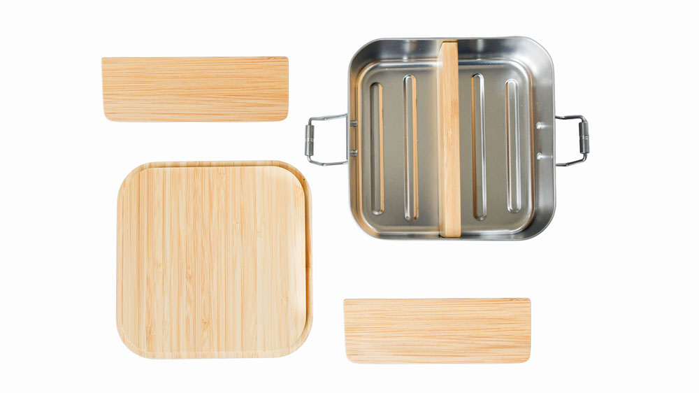 Set aus Lunchbox Edelstahl & Bambus-Trennsteg – Unterteilung für Bento-Box & Firmen-Lunchboxen.