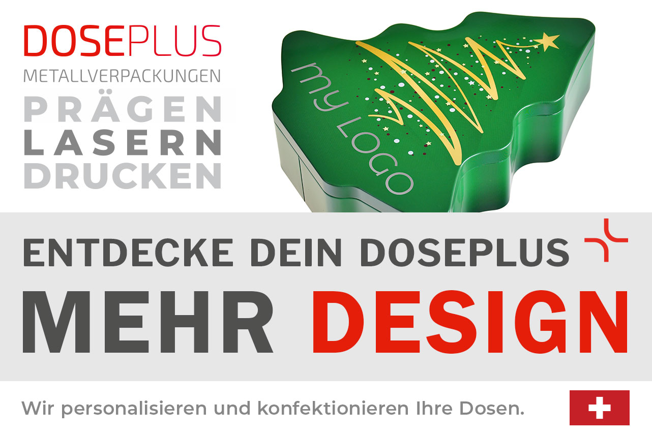 Grüne Weihnachtsbaum-Metalldose WD 050 mit Lasergravur von Doseplus – Bannertext: Entdecke dein Doseplus – Mehr Design. Festliche Keksdose in Tannenbaumform zur individuellen Produktveredelung.
