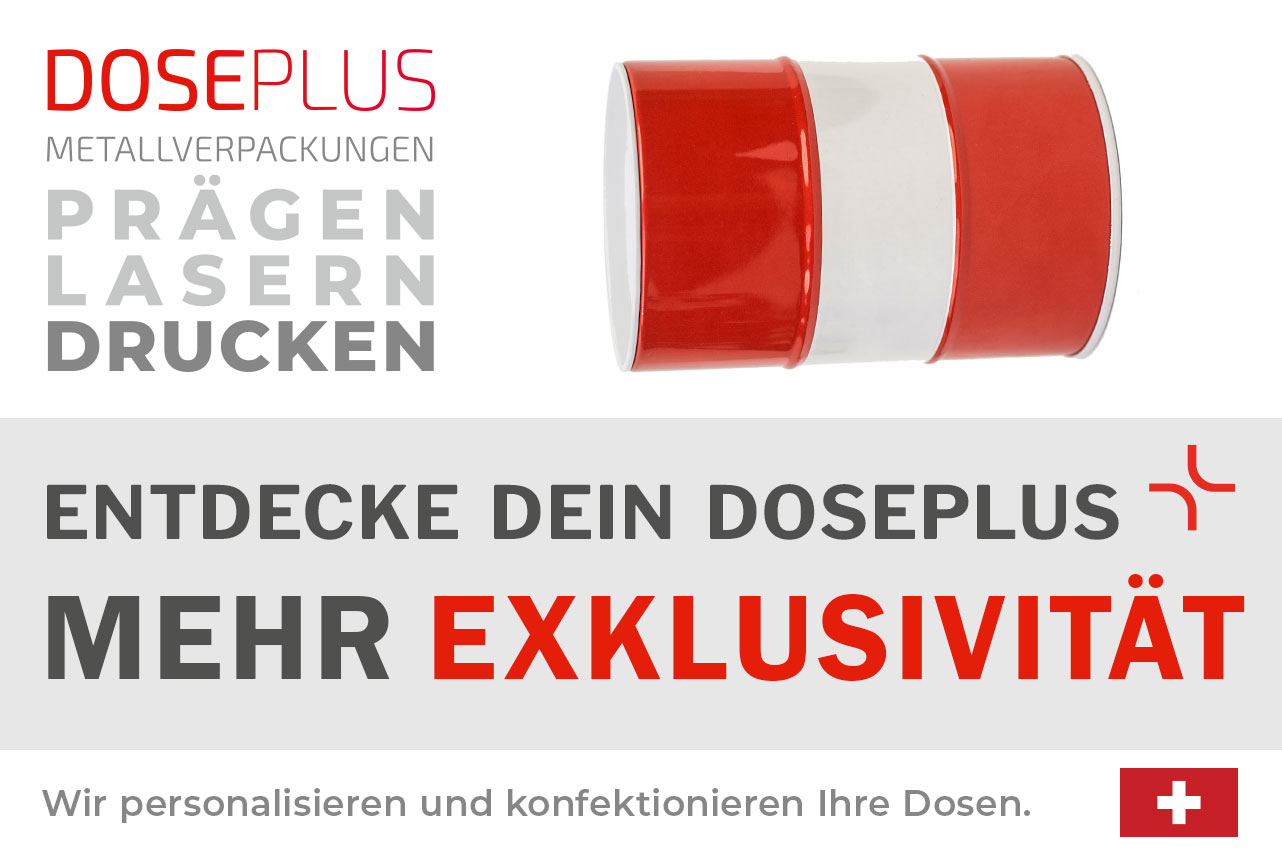 Doseplus runde Metalldose in Rot und Weiß mit glänzender Oberfläche, im exklusiven Design. Text: „Metallverpackungen prägen, lasern, drucken – Entdecke dein Doseplus, mehr Exklusivität“.