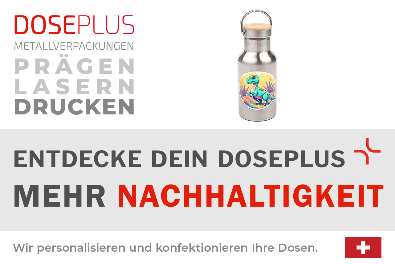 Edelstahl-Trinkflasche von Doseplus mit Branding – Bannertext: „Entdecke dein Doseplus – mehr “. Hinweis auf personalisierte Veredelung wie Druck, Gravur und Prägung.