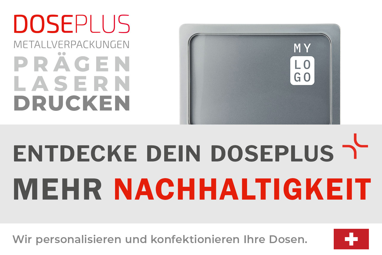 Doseplus graue rechteckige Metalldose mit schlichter Gravur „MY LOGO“. Text: „Metallverpackungen prägen, lasern, drucken – Entdecke dein Doseplus, mehr “.