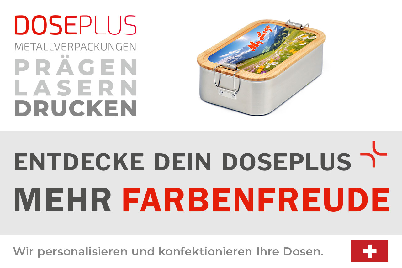 Edelstahl-Lunchbox CP SA 10 mit Bambusdeckel – Banner: Entdecke dein Doseplus – Mehr Farbenfreude. Langlebige SafeMax-Box mit buntem Design – optimal für Personalisierung & Bedruckung.