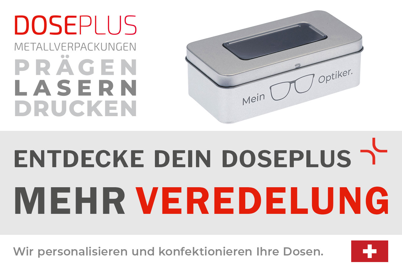 Doseplus silberne rechteckige Metalldose mit Sichtfenster und Lasergravur eines Brillensymbols sowie Schriftzug „Mein Optiker“. Text: „Metallverpackungen prägen, lasern, drucken – Entdecke dein Doseplus, mehr Veredelung“.