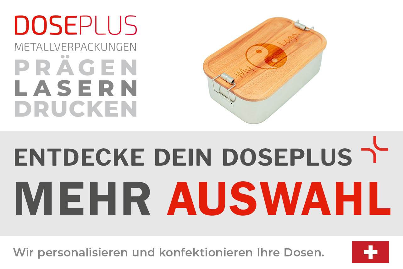 Rechteckige Lunchbox CP BU C4 aus Edelstahl mit Bambusdeckel – Banner: Entdecke dein Doseplus – Mehr Auswahl. Perfekt für Branding, Logos und personalisierte Veredelung.
