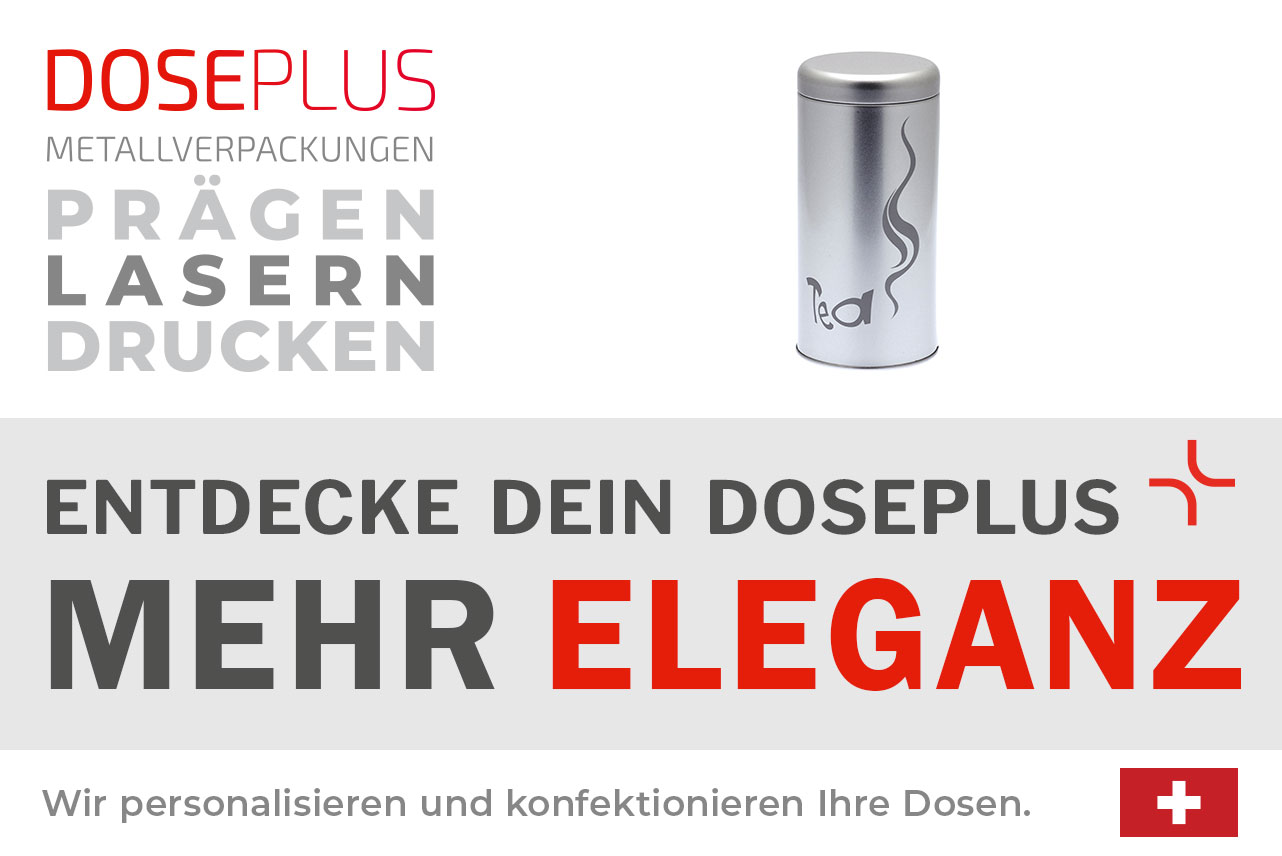 Doseplus Teedose aus Metall – Bannertext: Entdecke dein Doseplus, mehr Eleganz. Hochwertige, runde Metalldose mit edler Gravur für stilvolle Produkt- und Geschenkverpackungen.